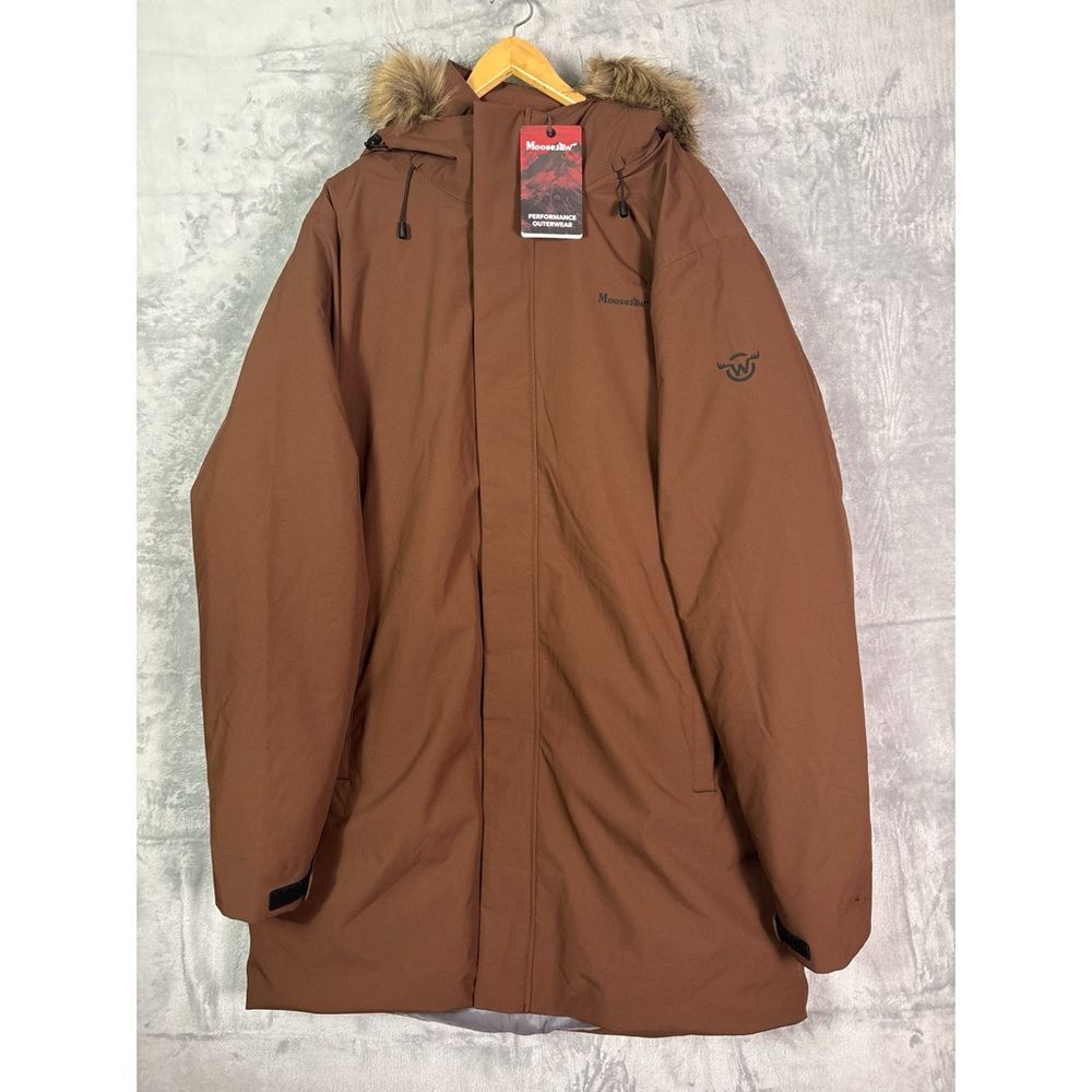 NWT New Moosejaw Brown FullZip Duck Down Filled Parka Adjustable Hood Size XLT